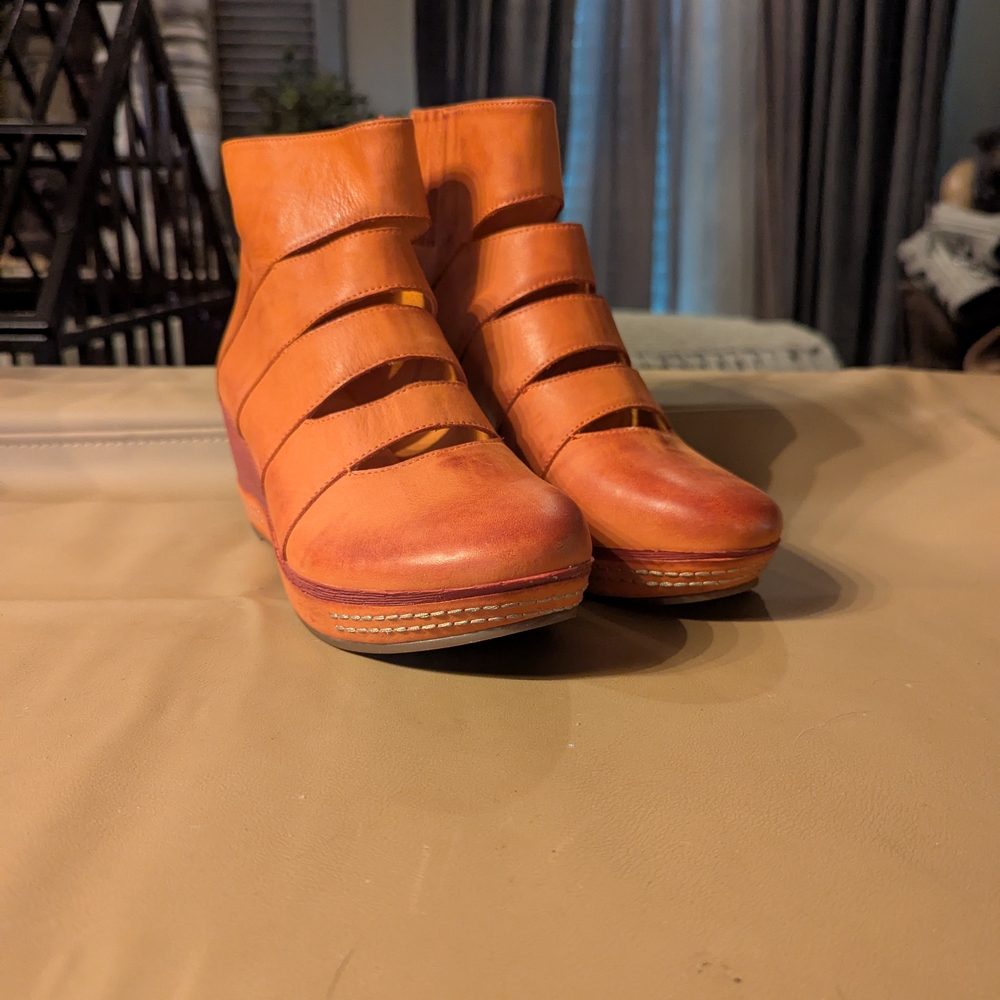 Orange Ankle Boots with Textured Straps and Wedge Heel